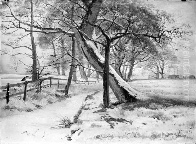 Winter Landscape with a Frozen Stream Oil Painting by Hans Smidth