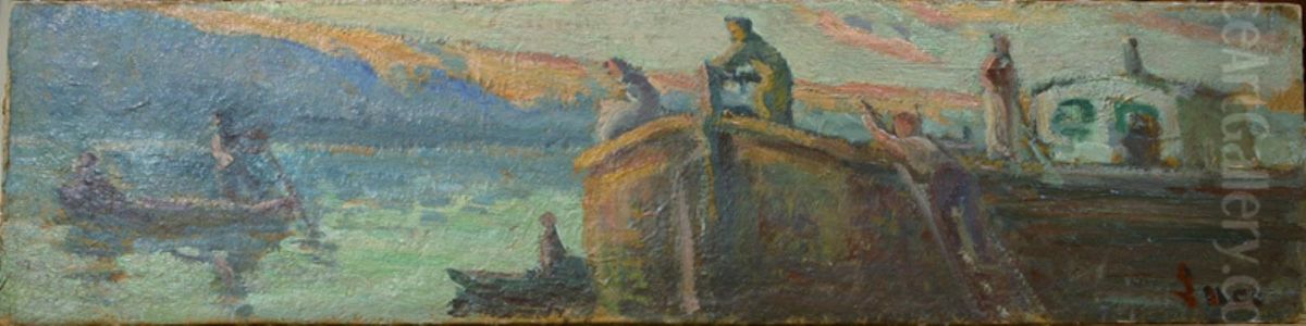 Flodlandskab med pram og bade Oil Painting by Maximilien Luce