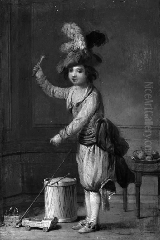 Interior fra et barnevaerelse med en dreng i karnevalsdragt Oil Painting by Peter Cramer