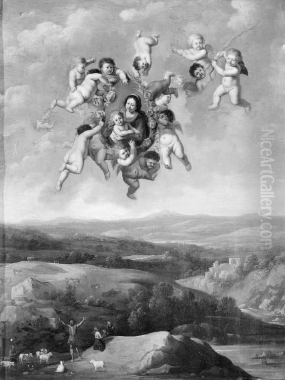 Floating Angels with Image of the Virgin Oil Painting by Pieter Van Avont