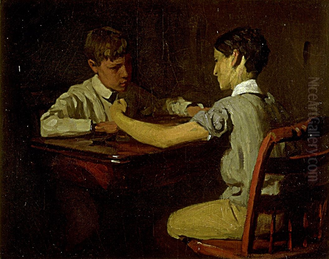 Checker Players Oil Painting by Thomas Pollock Anshutz