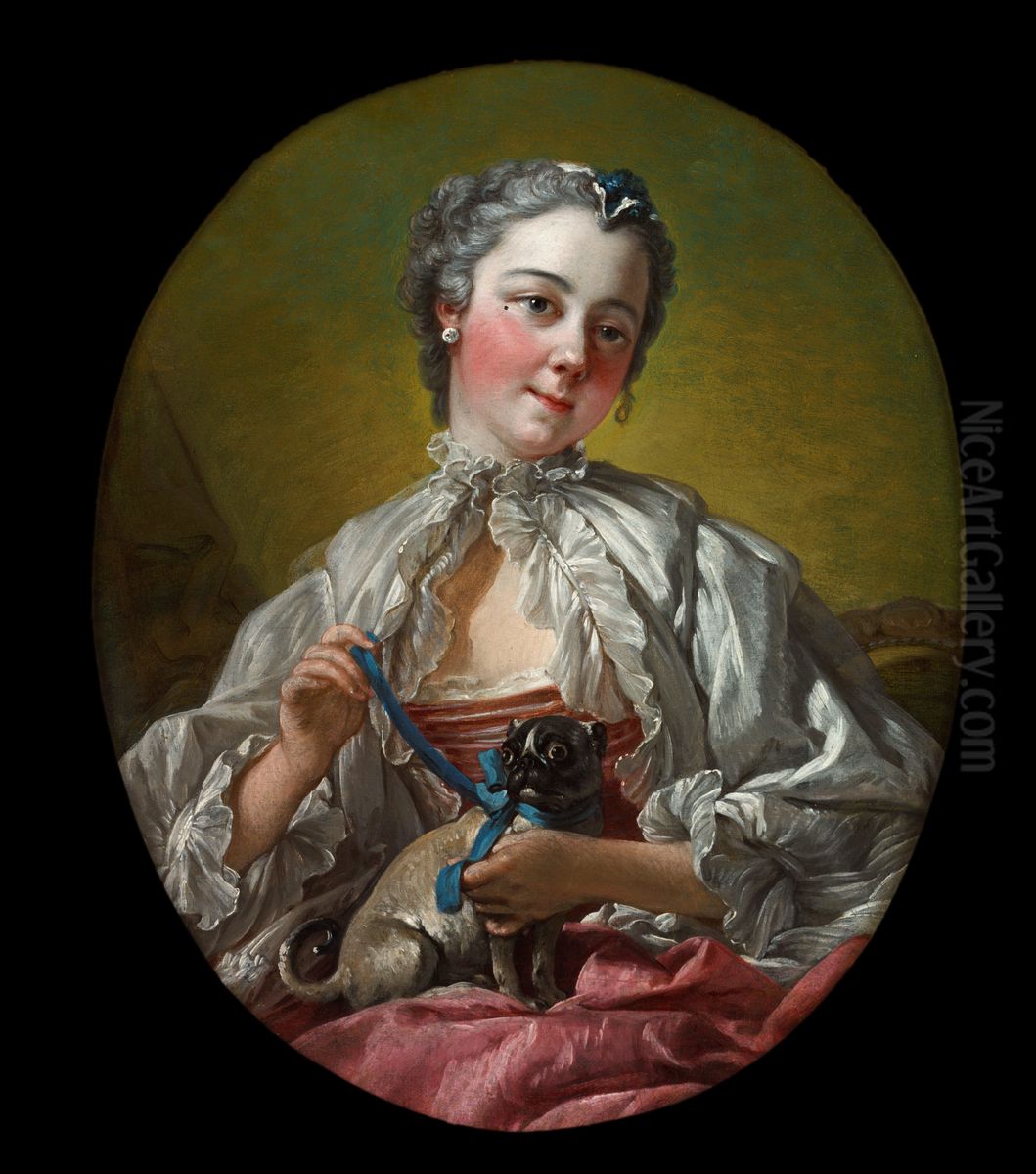 A young lady holding a pug dog Oil Painting by Francois Boucher