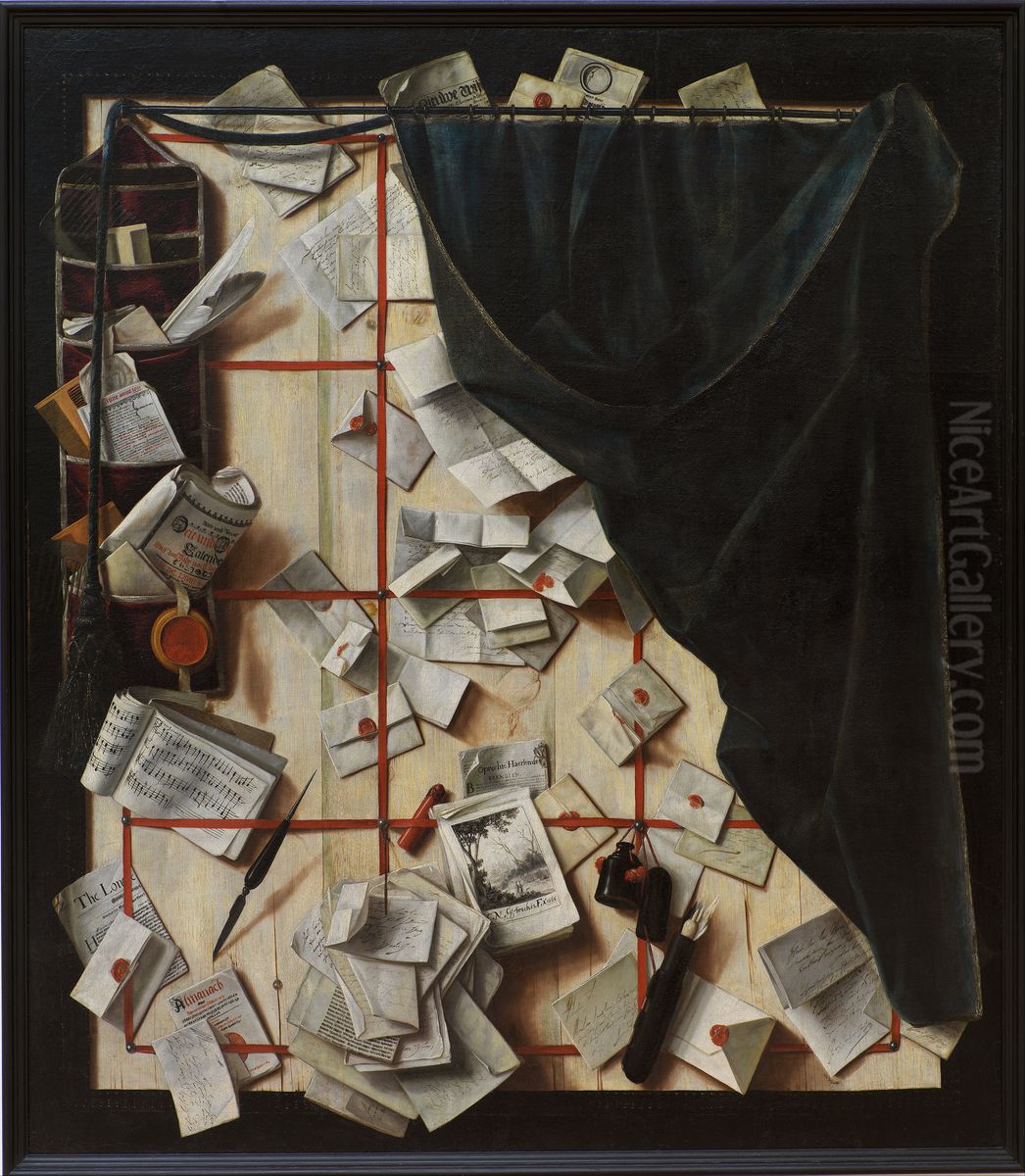 Trompe l'oeil. Board Partition with Letter Rack and Music Book Oil Painting by Cornelis Norbertus Gijsbrechts