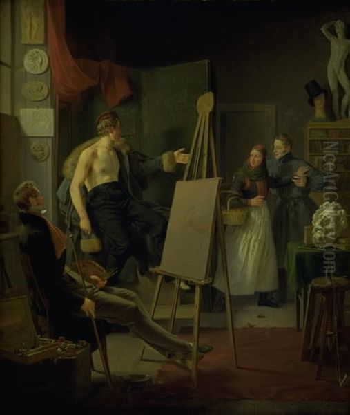 A Girl Selling Fruit in an Artist's Studio Oil Painting by Albert Kuchler