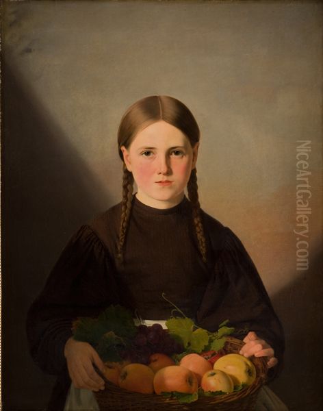 A Girl with a Basket of Fruits Oil Painting by Jorgen Roed
