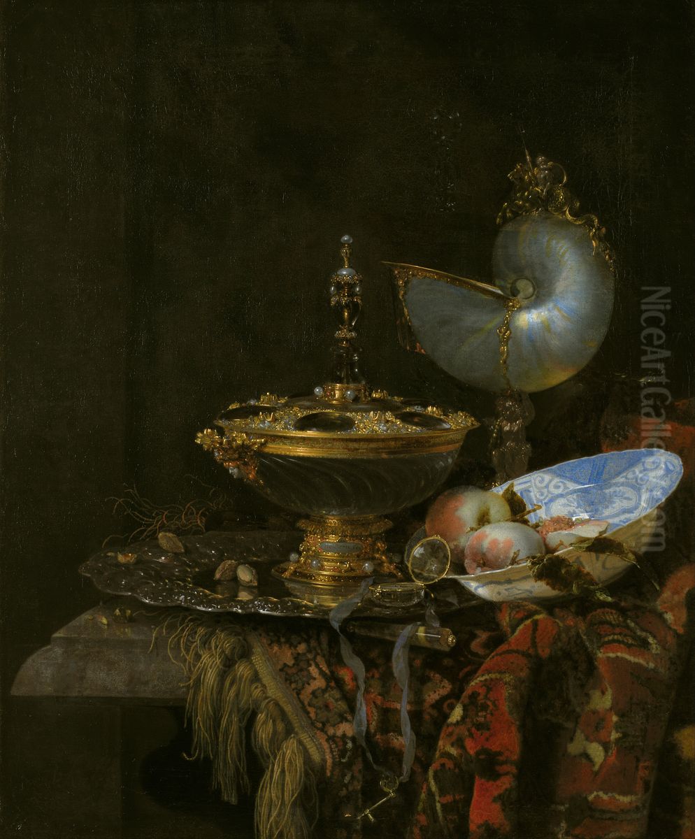 Pronk Still Life with Holbein Bowl, Nautilus Cup, Glass Goblet and Fruit Dish Oil Painting by Willem Kalf