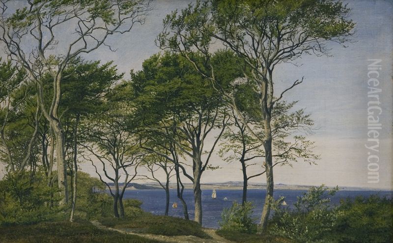 View Through Beech Trees Across a Fiord Oil Painting by P. C. Skovgaard