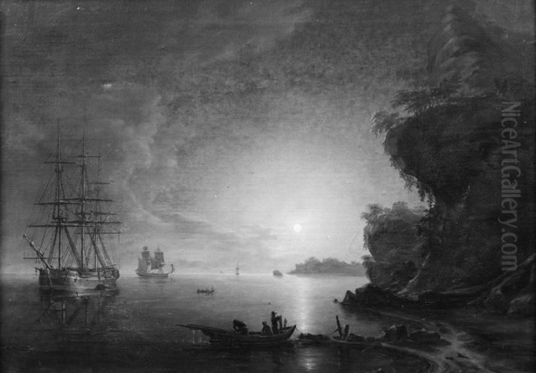 A Seascape. Moonlight Oil Painting by Christian Frederik Ferdinand Thoming