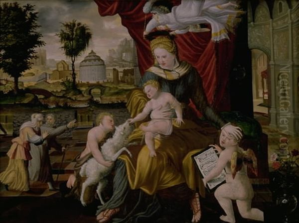 The Virgin Mary and Child, the Infant St.John and two angels Oil Painting by Melchior Lorck