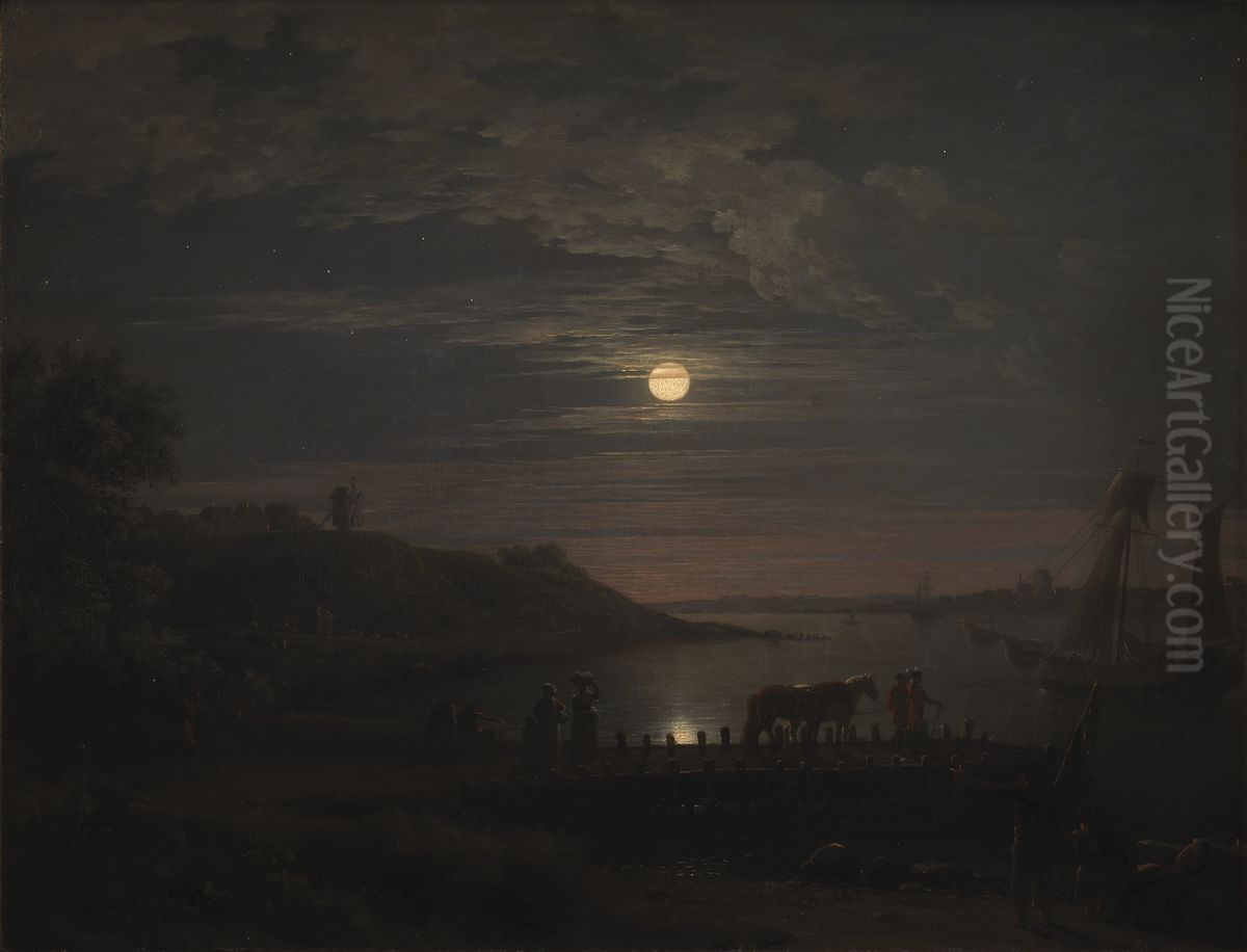 The Crossing over the Little Belt at Snoghoj. Moonrise Oil Painting by Jens Juel