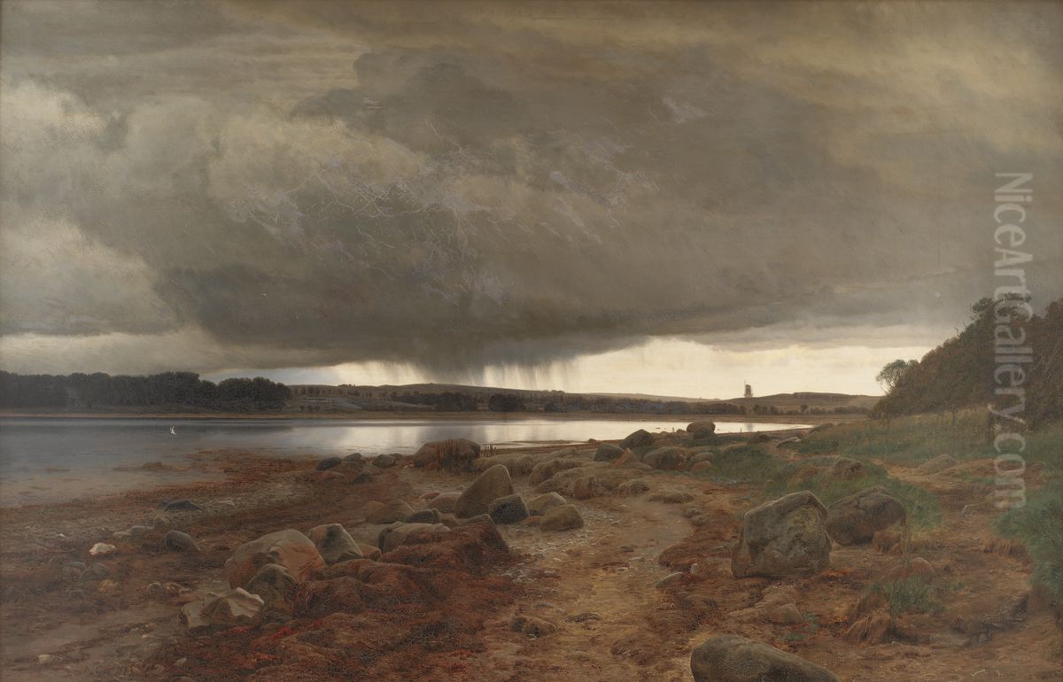 Regnvejr over stranden ved Kalvo Vig Oil Painting by Janus Andreas Bartholin La Cour