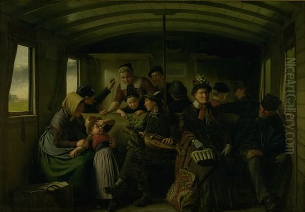 I en tredieklasses jernbanekupe Oil Painting by Julius Exner