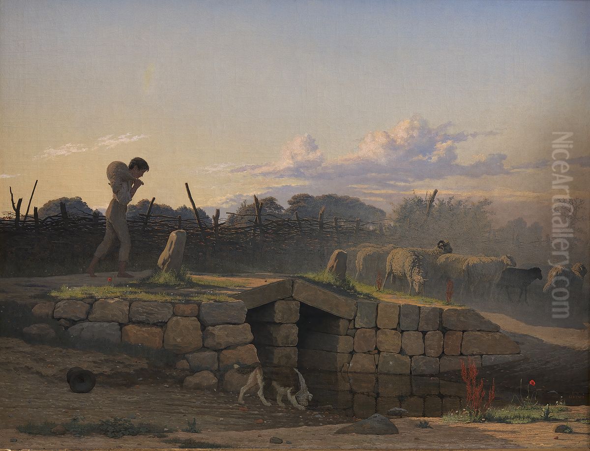 En hyrdedreng, der driver en flok far Oil Painting by Johan Vilhelm Gertner