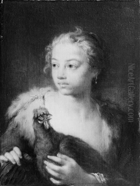 A Girl with a Chicken Oil Painting by Giuseppe Nogari
