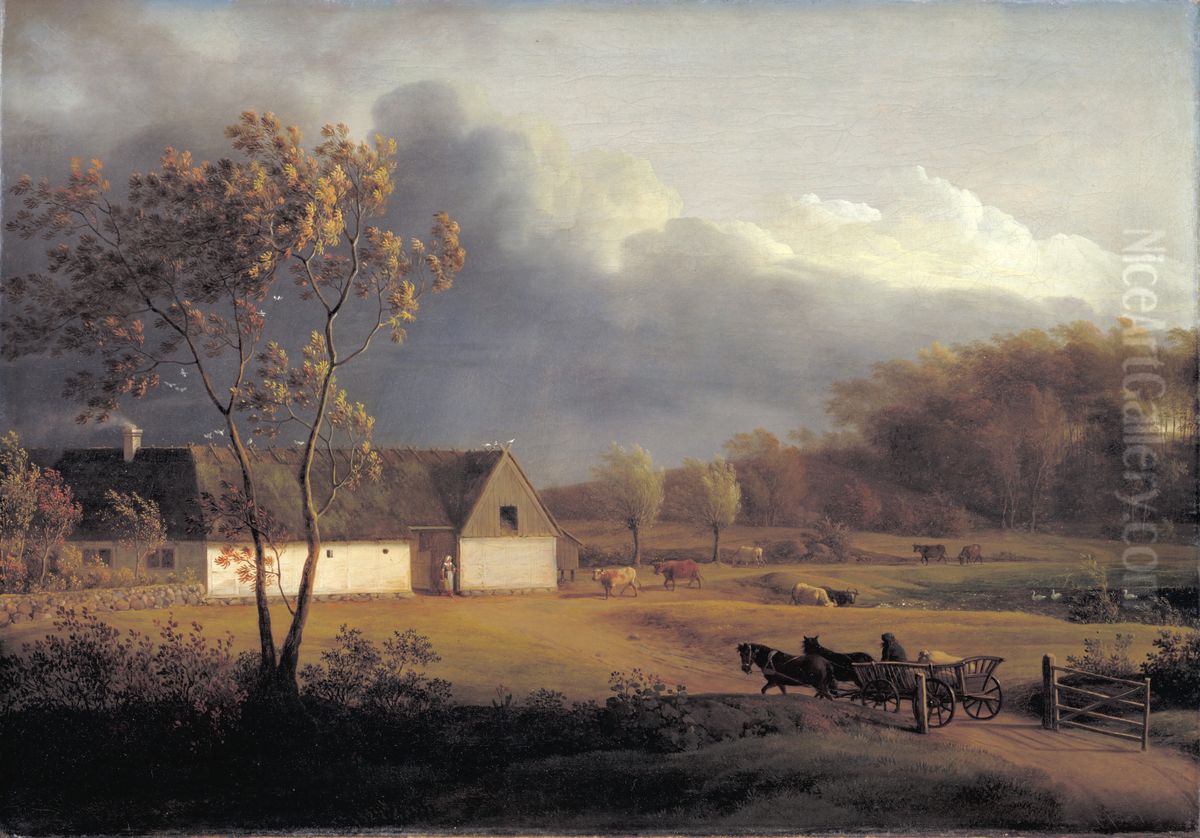 En sjaellandsk bondegard under et optraekkende uvejr. Eigaard ved Ordrup Oil Painting by Jens Juel