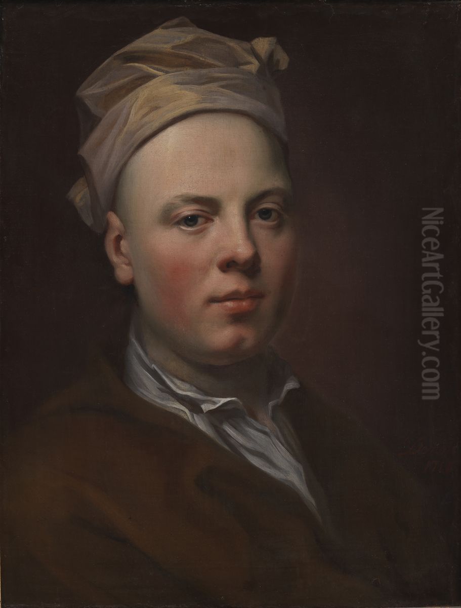 Portraet af en ung mand med hvid hue pa hovedet Oil Painting by Balthasar Denner