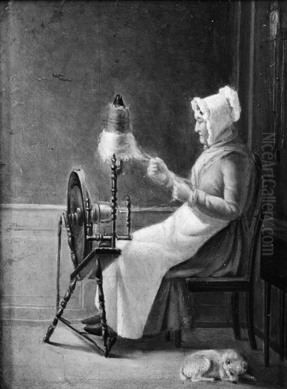 Kunstnerens moder ved spinderokken Oil Painting by Albert Kuchler