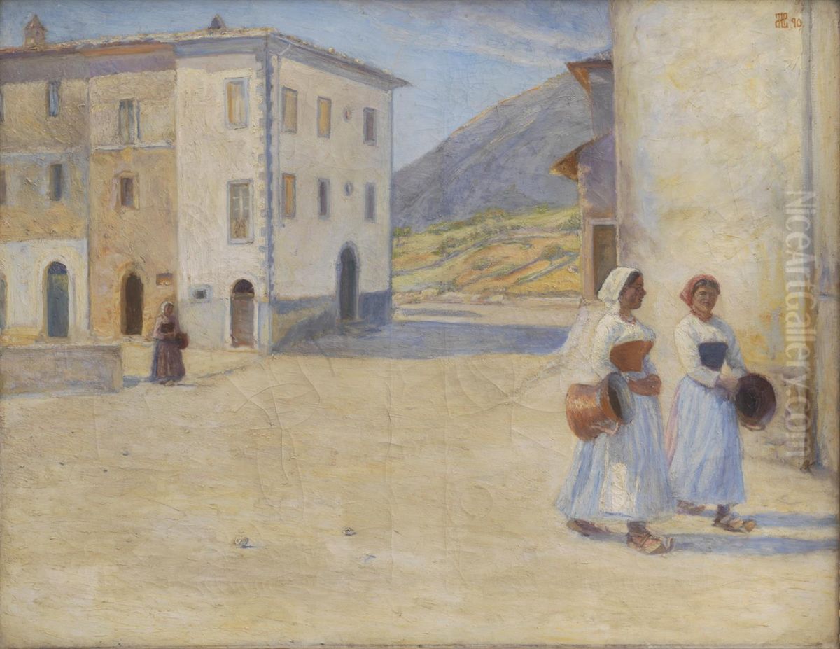 Piger pa vej til bronden efter vand ved middagstid. Civita d'Antino Oil Painting by Henry Lorup