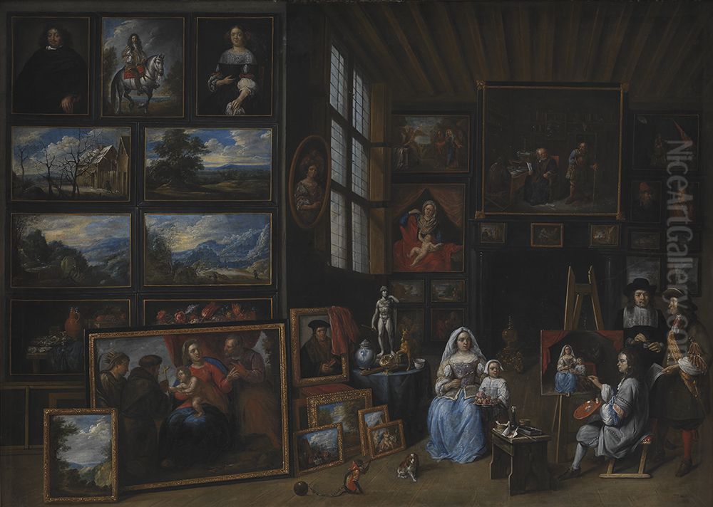 Et billedgalleri med en kunstner, der maler en kvinde og en pige. Allegori over malerkunsten Oil Painting by Gillis van Tilborgh