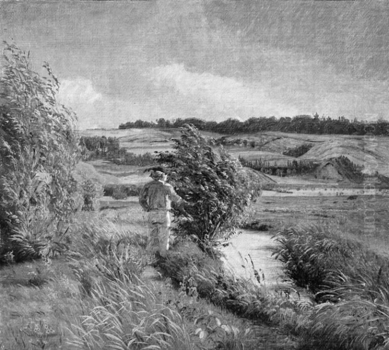 Landskab med en fiskende dreng ved en baek Oil Painting by Vilhelm Kyhn