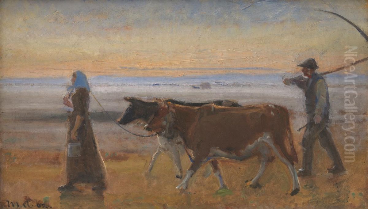 Cows Being Driven across the Moor Oil Painting by Michael Peter Ancher