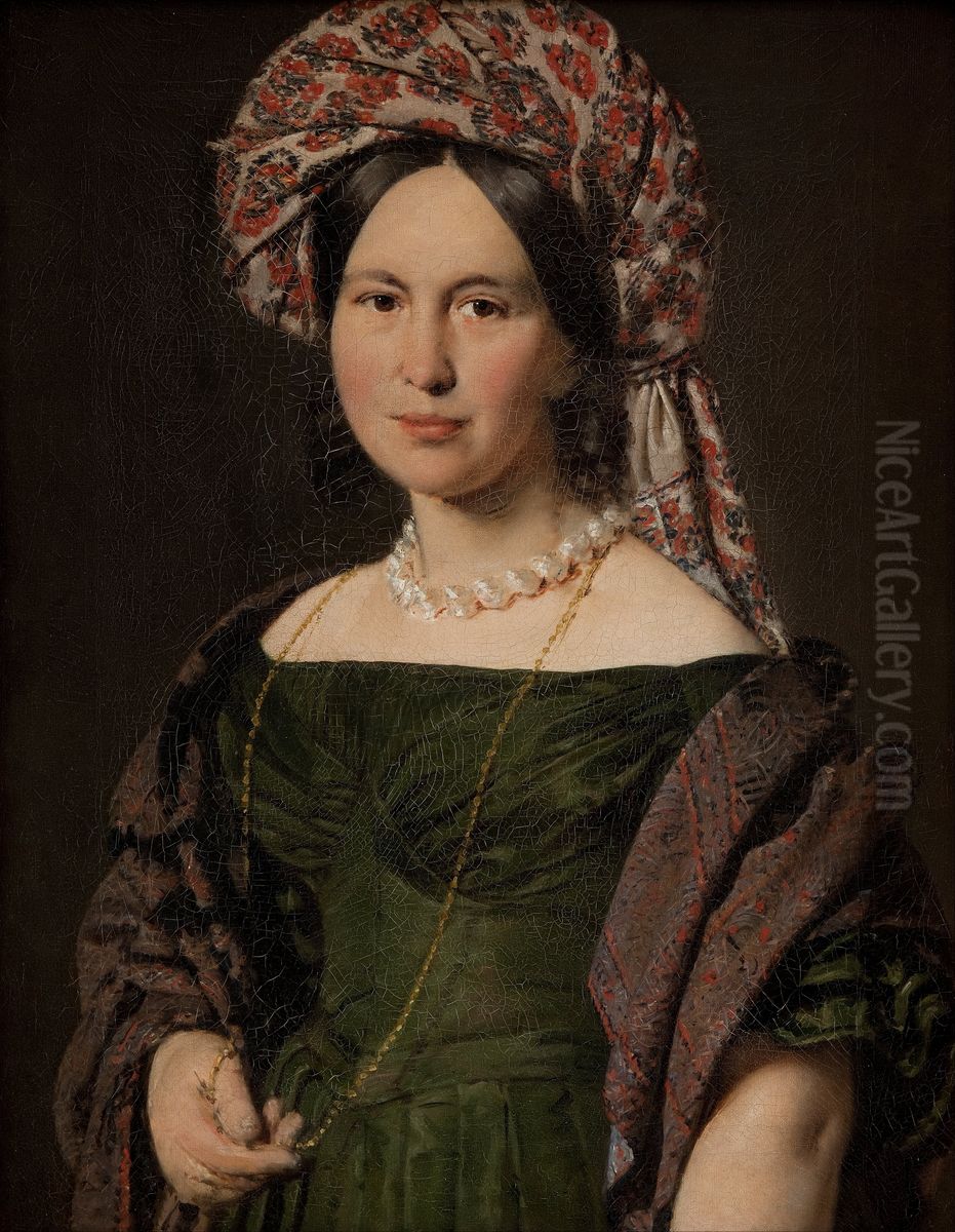 Cathrine Jensen, nee Lorenzen, the Artist's Wife Wearing a Turban Oil Painting by Christian Albrecht Jensen