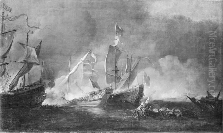 A Turkish Galley in an Encounter with two British Warships Oil Painting by Willem van de Velde the Younger