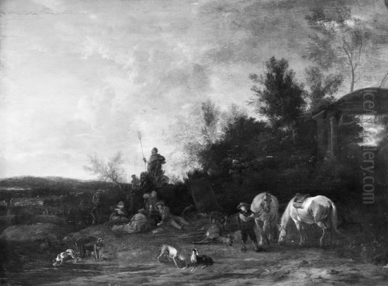 Evening Scenery with Resting Hunters Oil Painting by Philips Wouwerman
