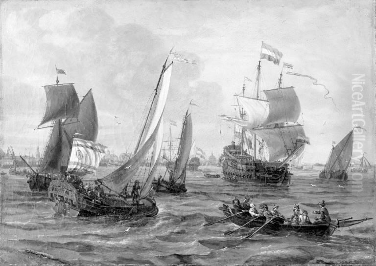 Skibe og robade pa havet ud for Amsterdam Oil Painting by Abraham Storck