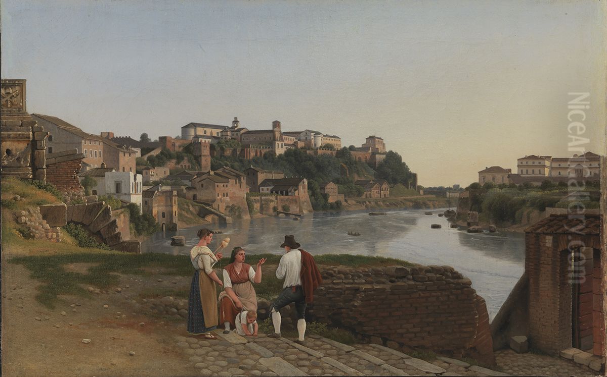 Udsigt over Tiberen i naerheden af den sammenstyrtede bro Ponte Rotto i Rom Oil Painting by Christoffer Wilhelm Eckersberg
