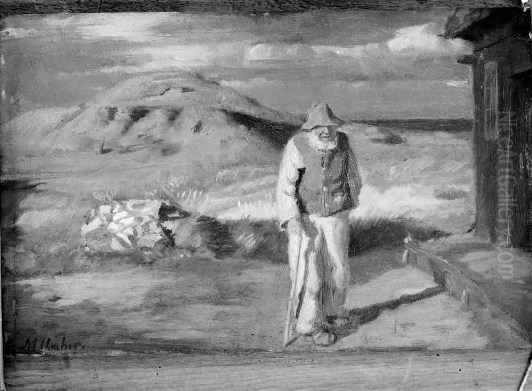 Blinde Kristian uden for sit hus Oil Painting by Michael Peter Ancher