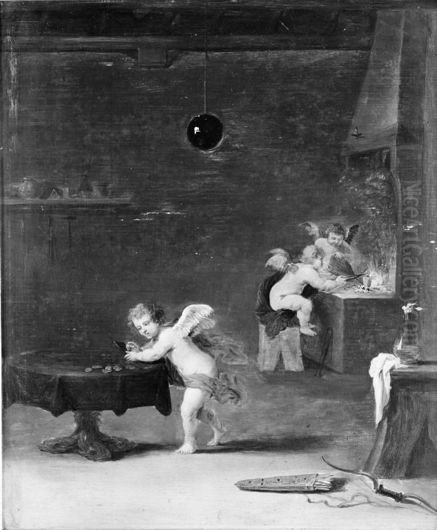 Cupid Melting Coins Oil Painting by David Teniers the Younger