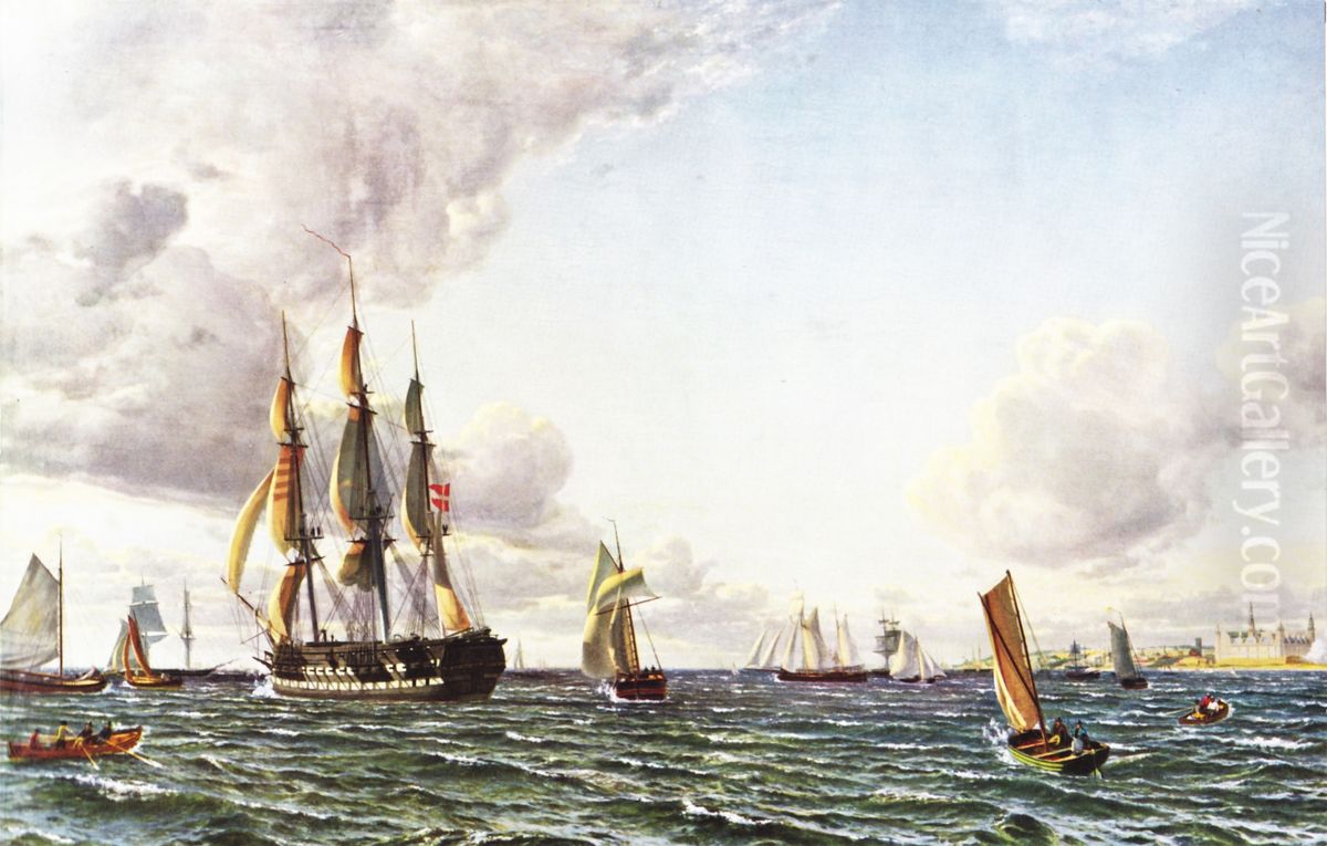 Linieskibet Valdemar krydser Sundet ind for en frisk bramsejlskuling Oil Painting by Emanuel Larsen