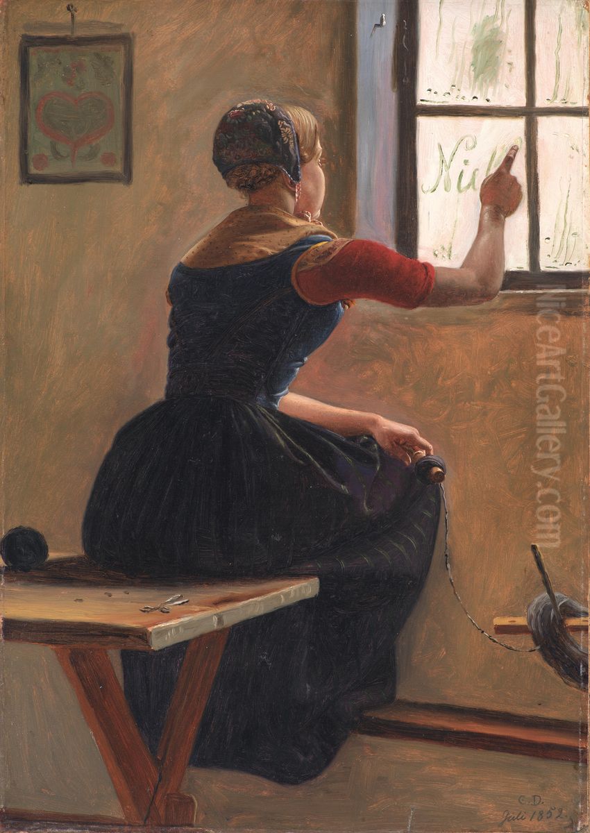 A Young Girl in Jutland Writing her Beloved's Name on a Misty Window Oil Painting by Christen Dalsgaard