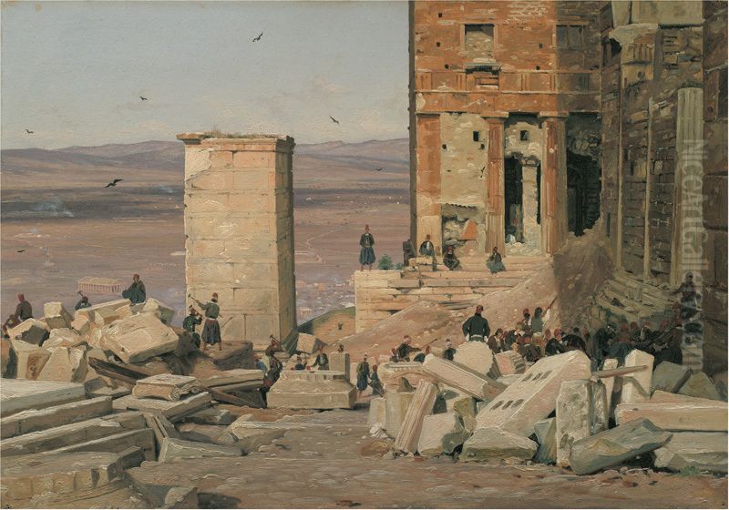 Graekere arbejder i ruinerne ved Akropolis Oil Painting by Martinus Rorbye