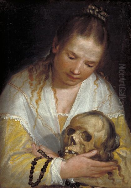 Young woman contemplating a skull Oil Painting by Alessandro Casolani