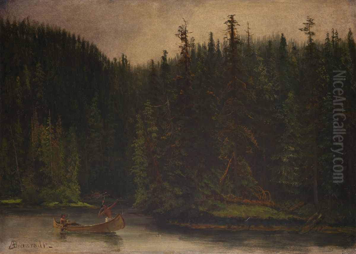 Indian Hunters in Canoe Oil Painting by Albert Bierstadt