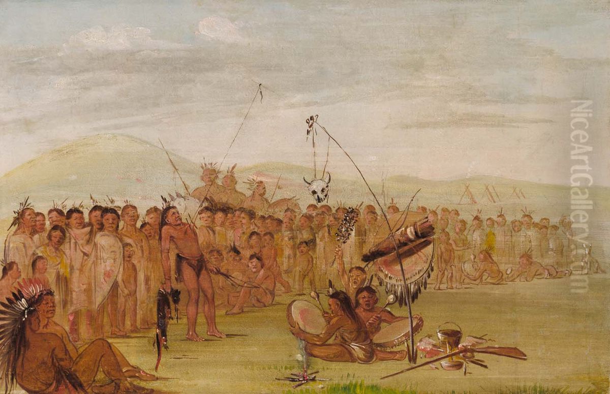 Self-torture in a Sioux Religious Ceremony Oil Painting by George Catlin