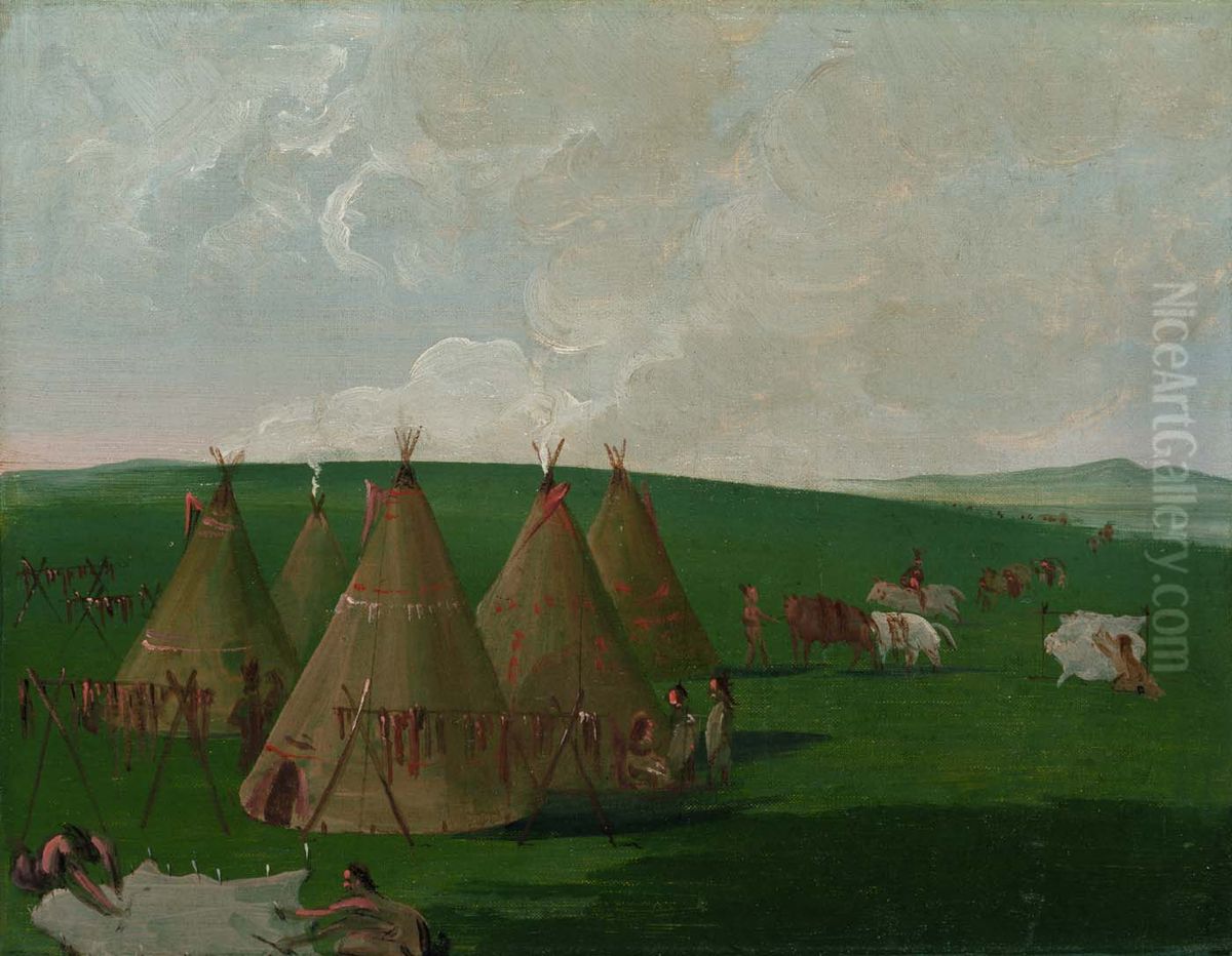 Sioux Encamped on the Upper Missouri, Dressing Buffalo Meat and Robes Oil Painting by George Catlin