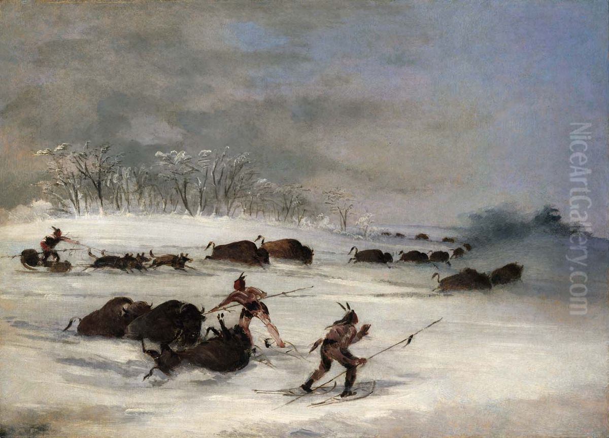 Sioux Indians on Snowshoes Lancing Buffalo Oil Painting by George Catlin