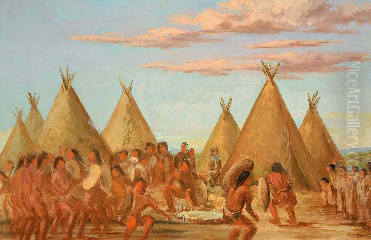 Smoking the Shield Oil Painting by George Catlin