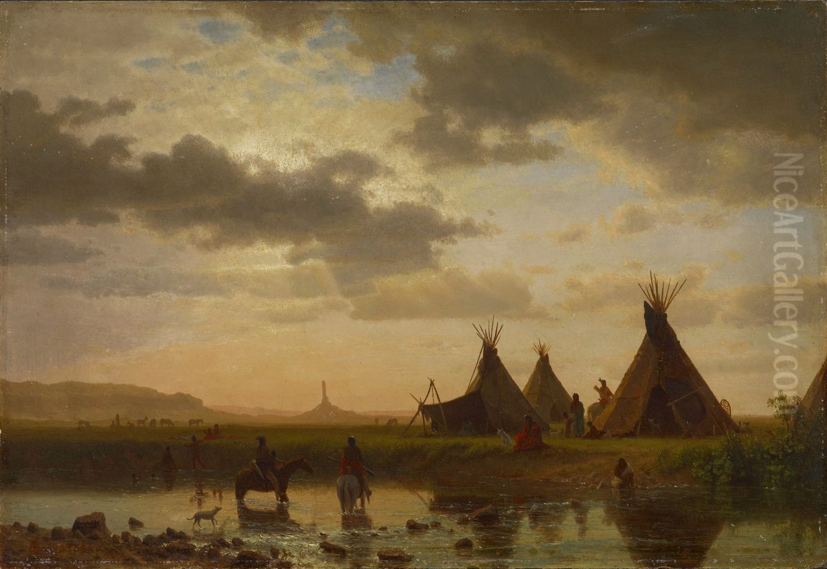 View of Chimney Rock, Ohalilah Sioux Village in the foreground Oil Painting by Albert Bierstadt
