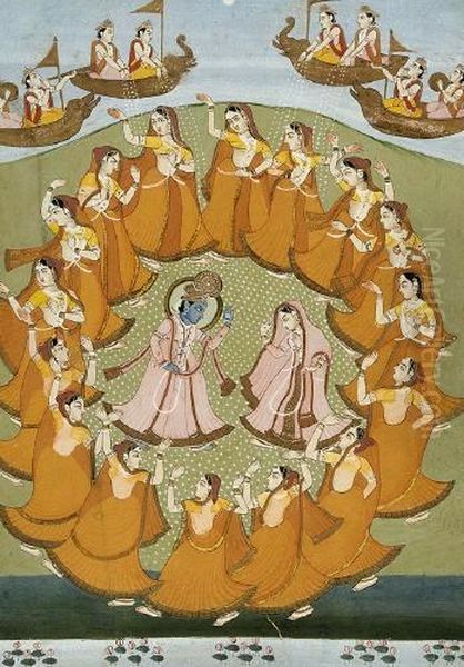 Krishna and Radha dancing the Rasalila Oil Painting by unknown