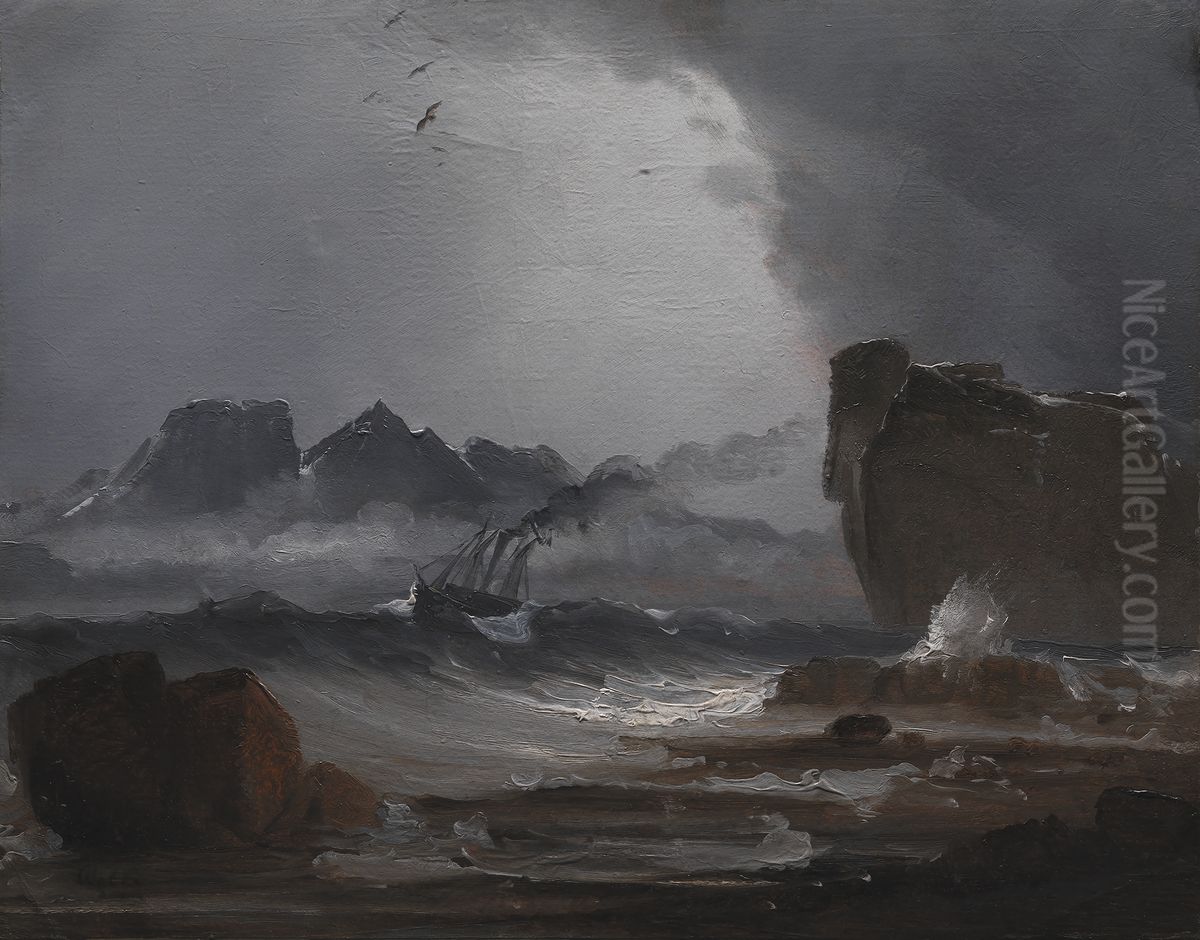 Oprort hav med et dampskib naer den norske kyst Oil Painting by Peder Balke