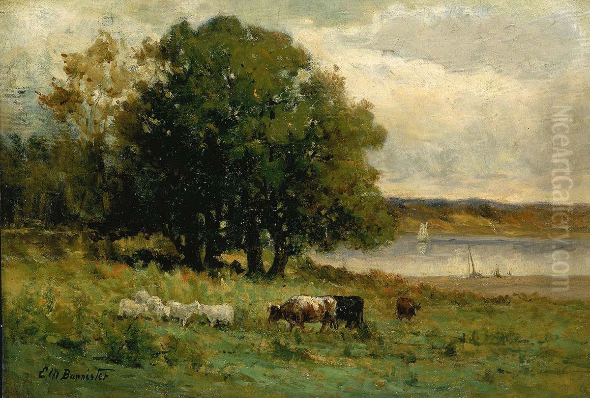 Untitled (cattle near river with sailboat in distance) Oil Painting by Edward Mitchell Bannister