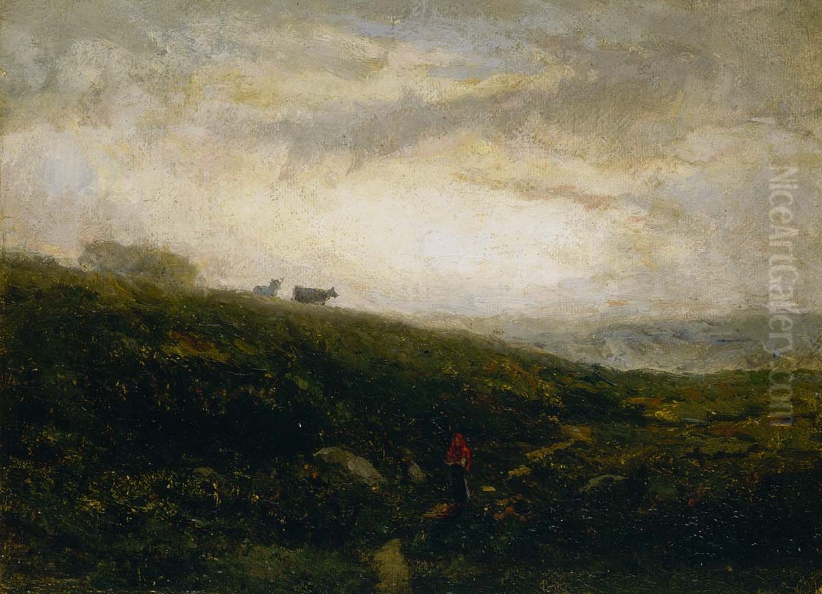 Untitled (cows descending hillside) Oil Painting by Edward Mitchell Bannister