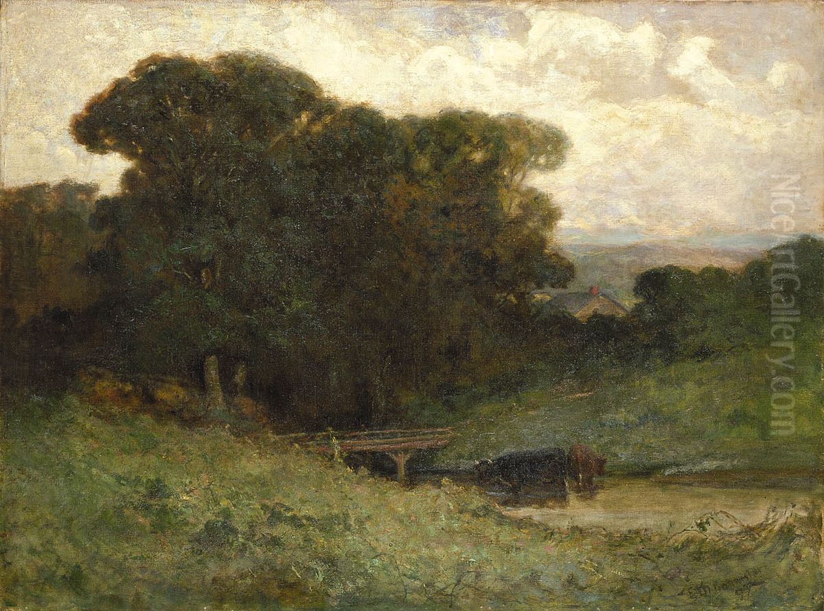 Untitled (forest scene with bridge, cows in stream in foreground) Oil Painting by Edward Mitchell Bannister