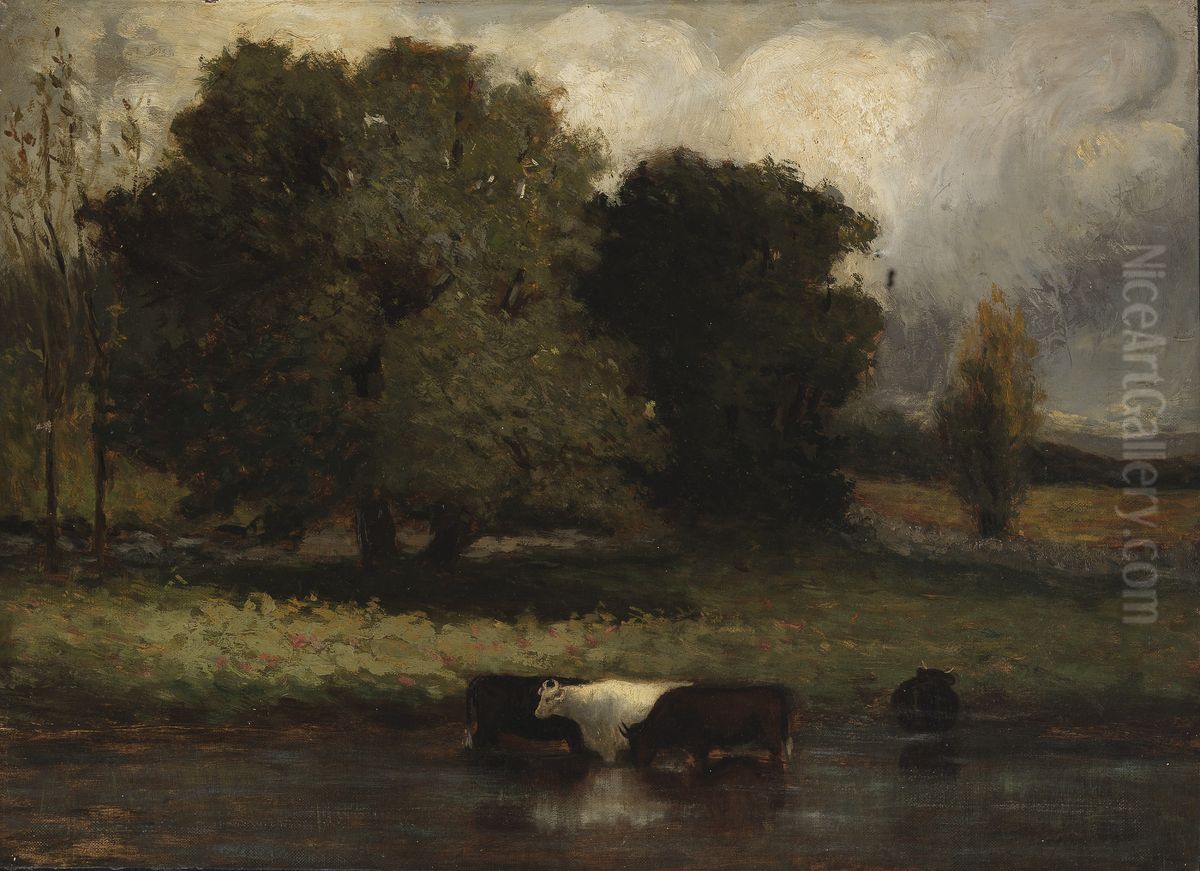 Untitled (Four Cows Wading in Pond) Oil Painting by Edward Mitchell Bannister