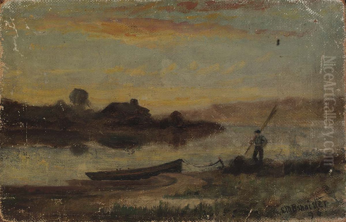 Untitled (landscape, boat moored near bank with man walking) Oil Painting by Edward Mitchell Bannister