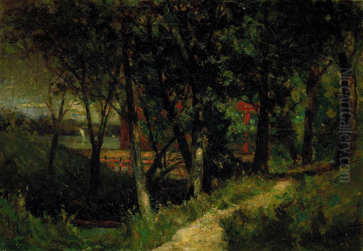 Untitled (landscape, forest scene with red fence and building) Oil Painting by Edward Mitchell Bannister